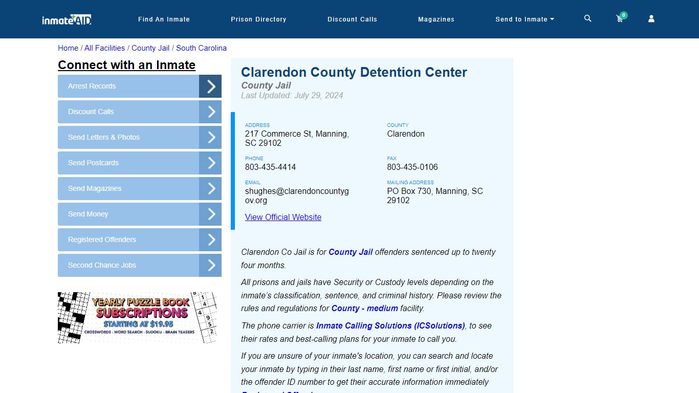 Clarendon County Detention Center - Inmate Locator